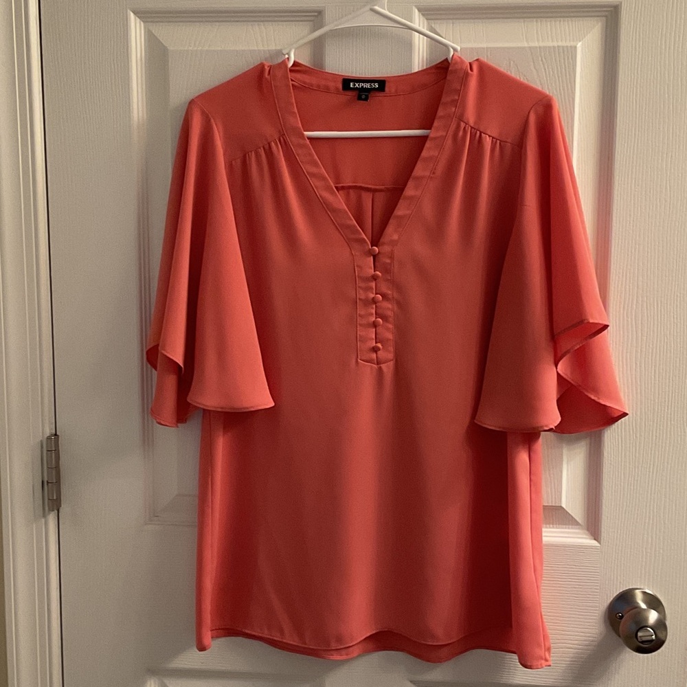 Express Vibrant Coral V-Neck Blouse